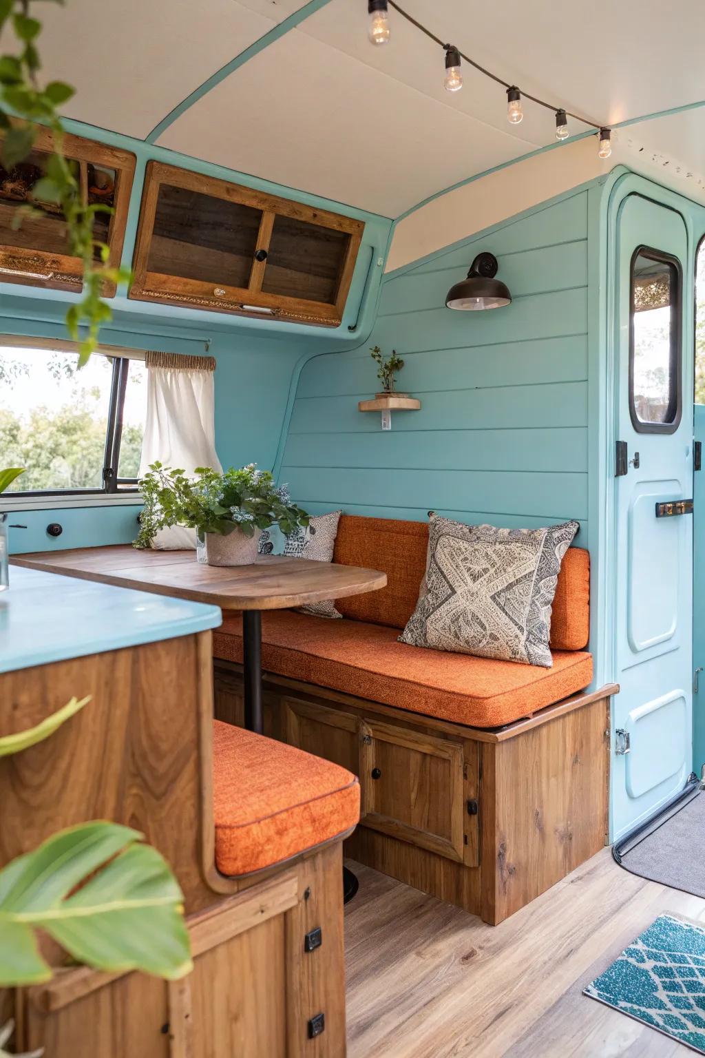 Transform your camper with a calming pastel blue accent wall and handcrafted details for a fresh and inviting vibe.