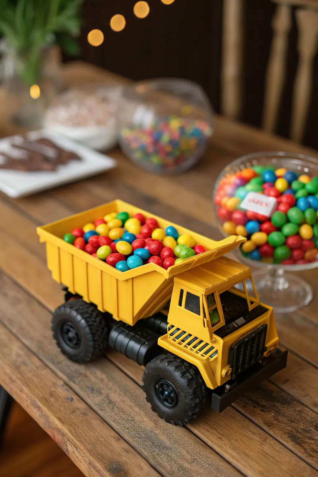 Transform your party table with playful DIY dump truck centerpieces filled with colorful candies!