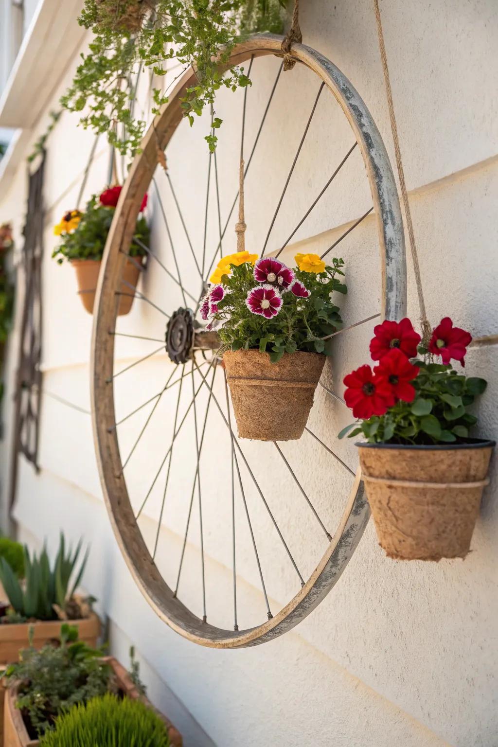Transform your garden with a touch of elegance: Bicycle Wheel Planters that blend simplicity with bold colors.