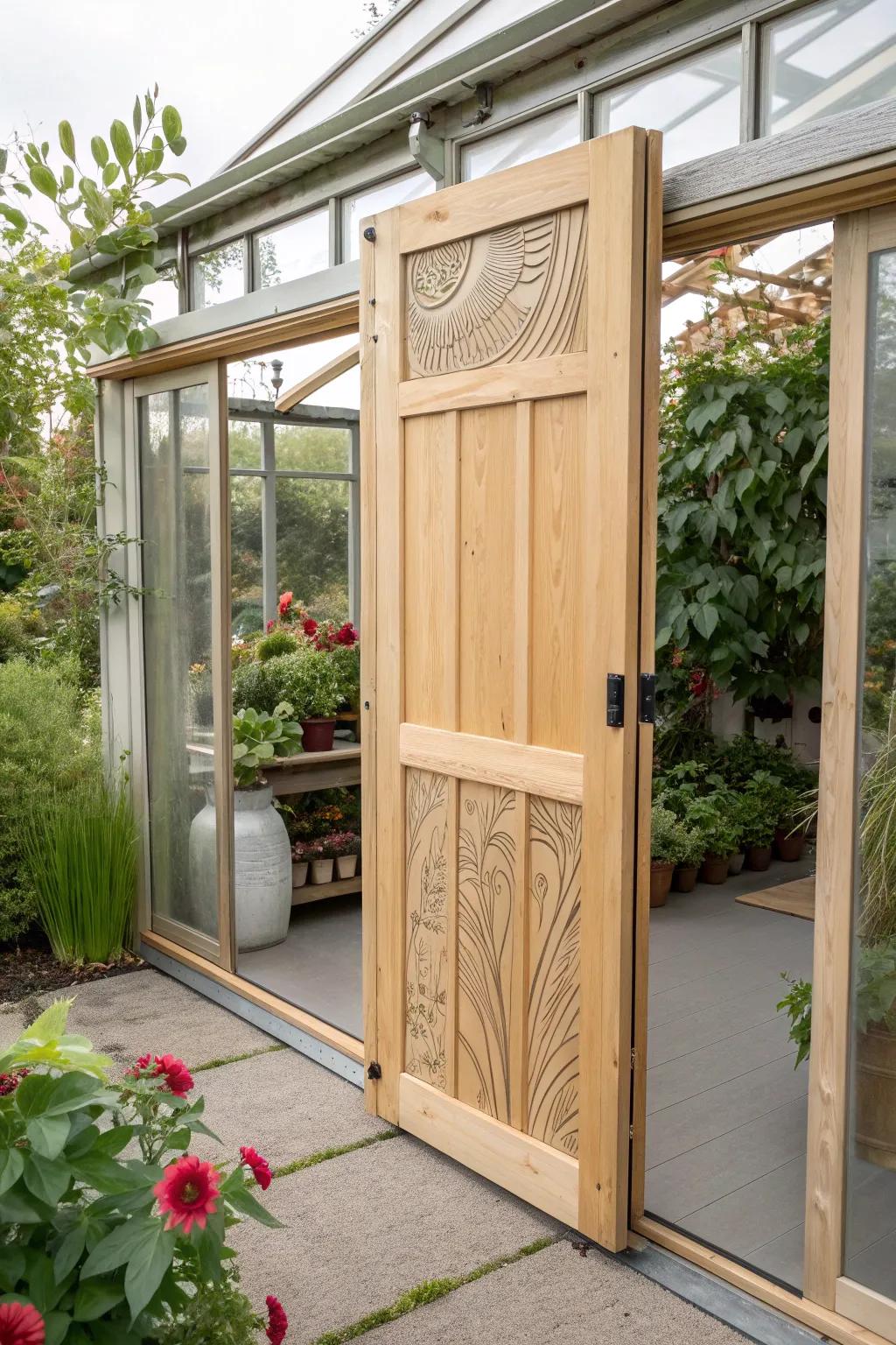 Step into your greenhouse sanctuary with style and ease. This sliding door entrance marries function with beauty.