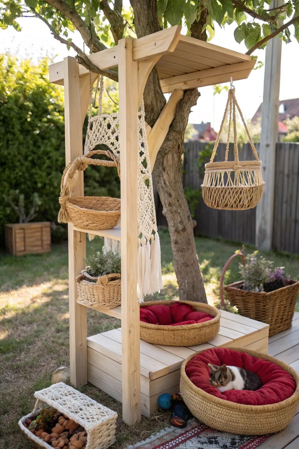 Elevate your cat's outdoor lounging with a Scandinavian-inspired cat tree that blends simplicity and boho charm.