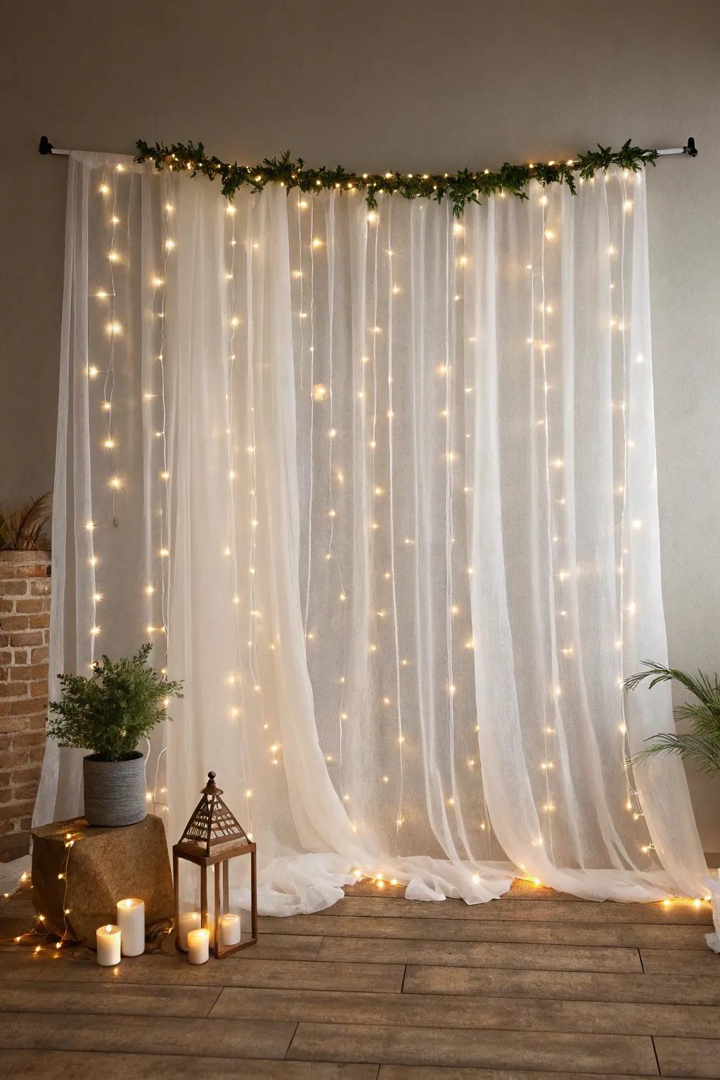 Transform your space with a magical string light backdrop and embrace the art of simplicity and natural beauty.