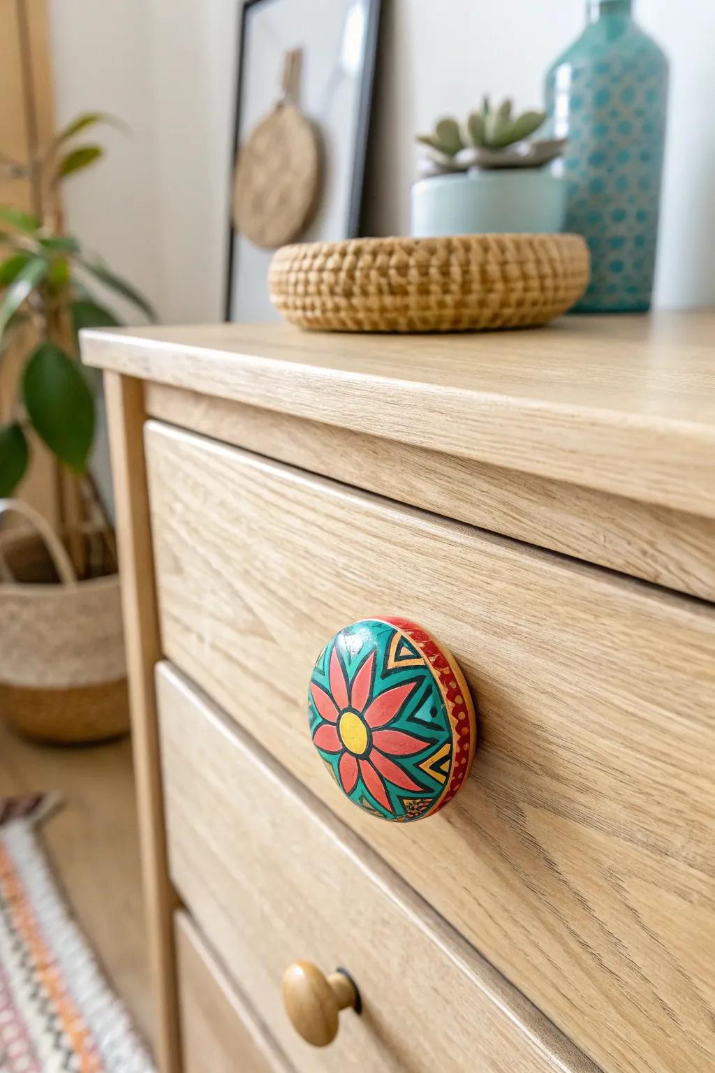 Transform your dresser with a burst of color from hand-painted ceramic knobs. Add a playful touch to minimalist elegance.