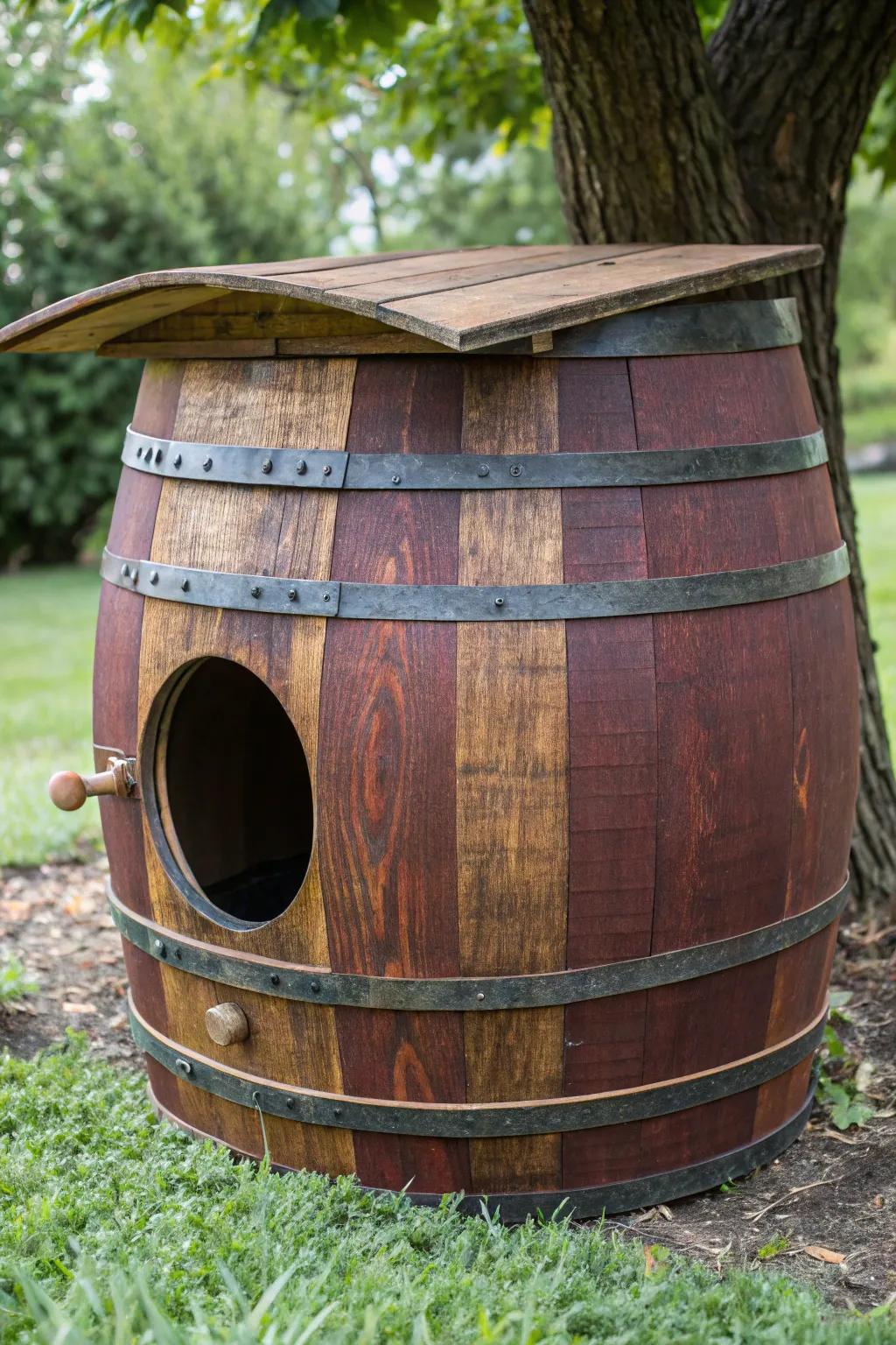 Transform rustic charm into a cozy haven with this repurposed quarter barrel nesting box.