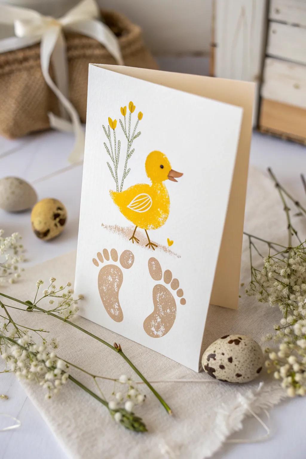 Capture the joy of tiny toes with this delightful footprint duck Easter card—where giggles meet artistry!