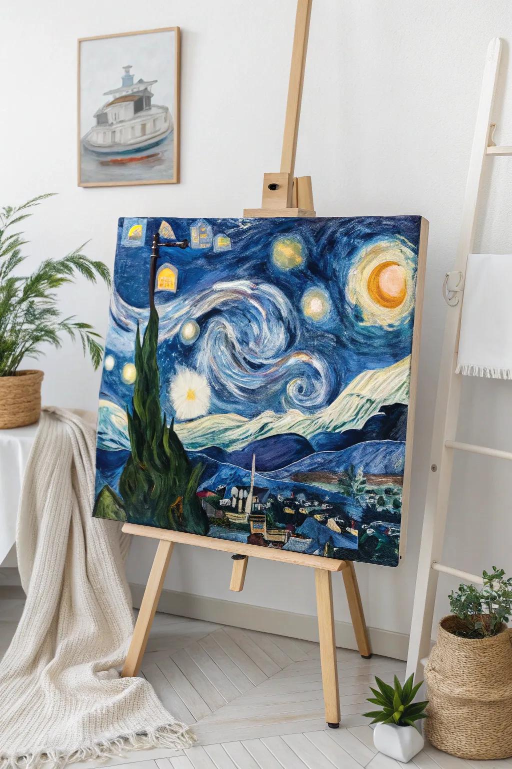 Add a touch of humor to your home with this playful 'Starry Night' parody, perfect for those who love minimalist art with a bold twist!