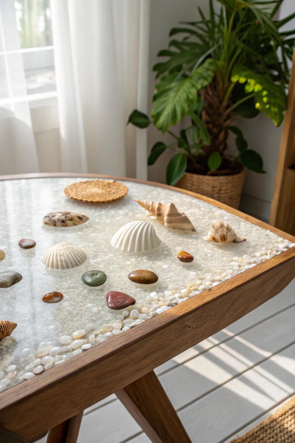 Nature's treasures captured in craftsmanship—an epoxy table that tells a story.