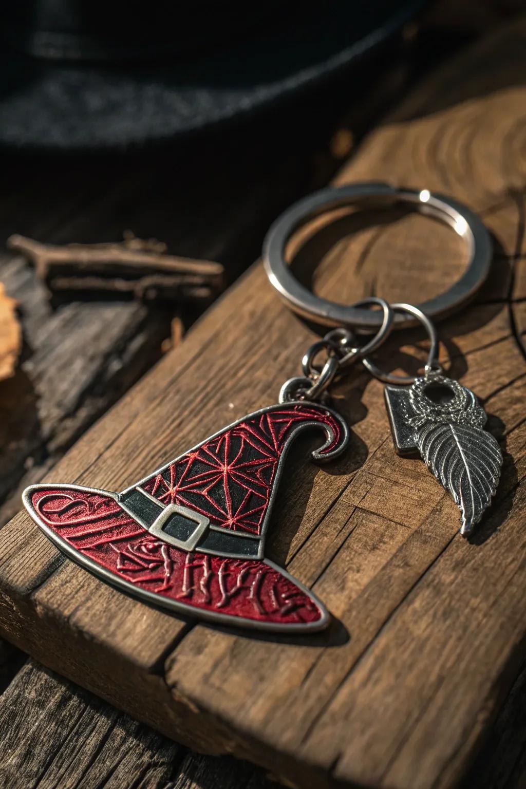 Elevate your everyday with a touch of Halloween magic: intricately engraved witch hats on keychains.