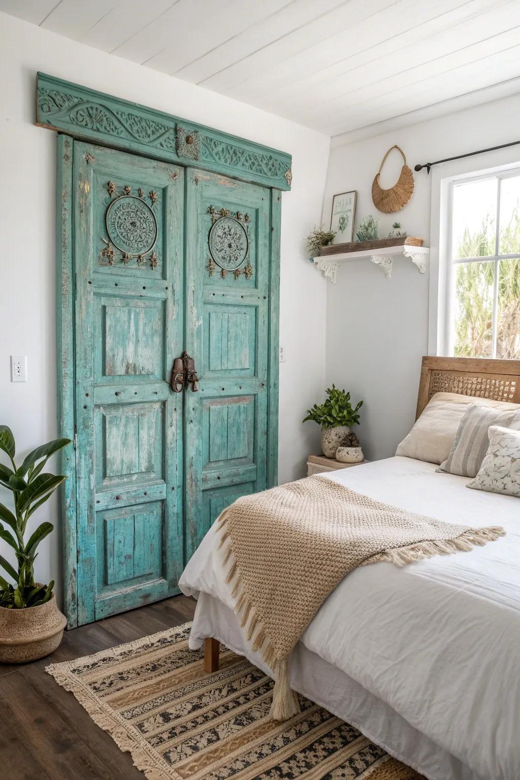 Transform a vintage door into a stunning headboard for a touch of boho-chic elegance in your bedroom!