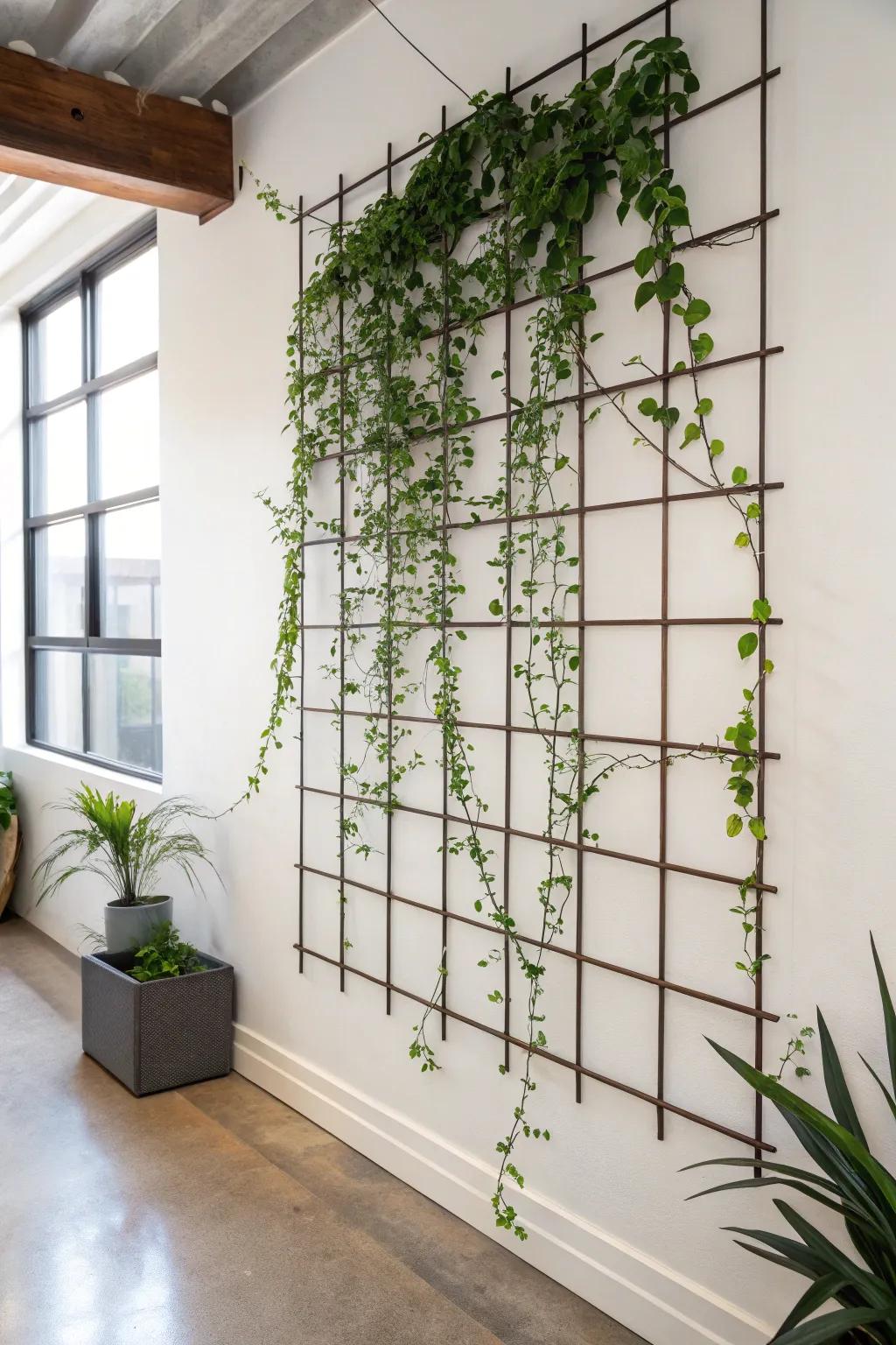 Elevate your space with a minimalist metal grid trellis—a perfect blend of industrial chic and natural beauty.