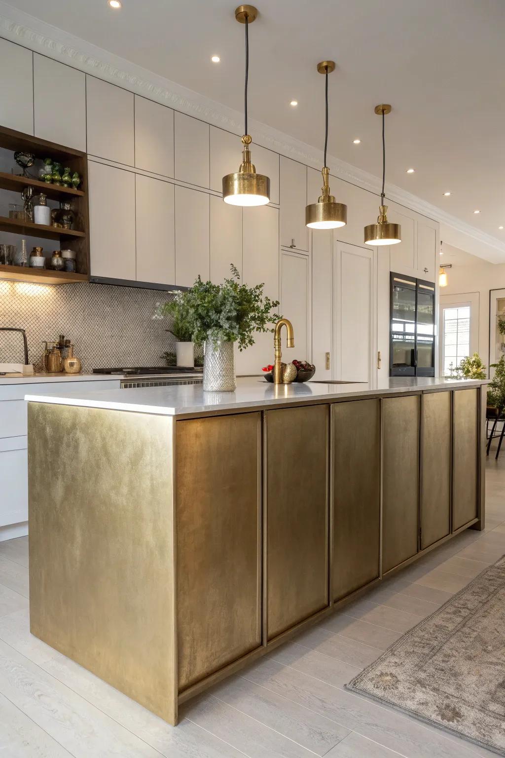 Transform your kitchen island with sleek metallic accents for a modern, minimalist touch. #KitchenInspiration #MetallicElegance