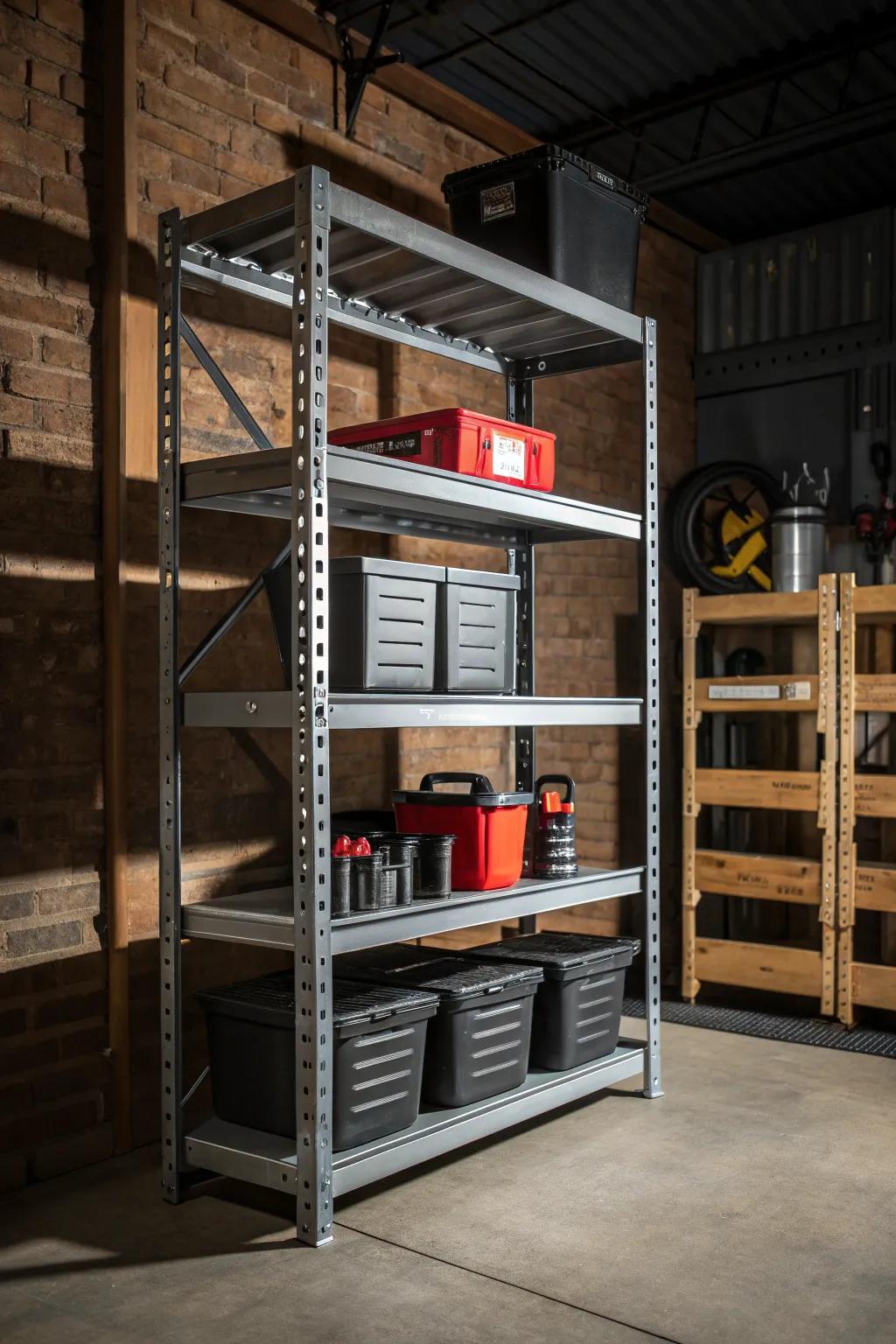 Transform your workshop with the elegance and versatility of adjustable metal shelving.