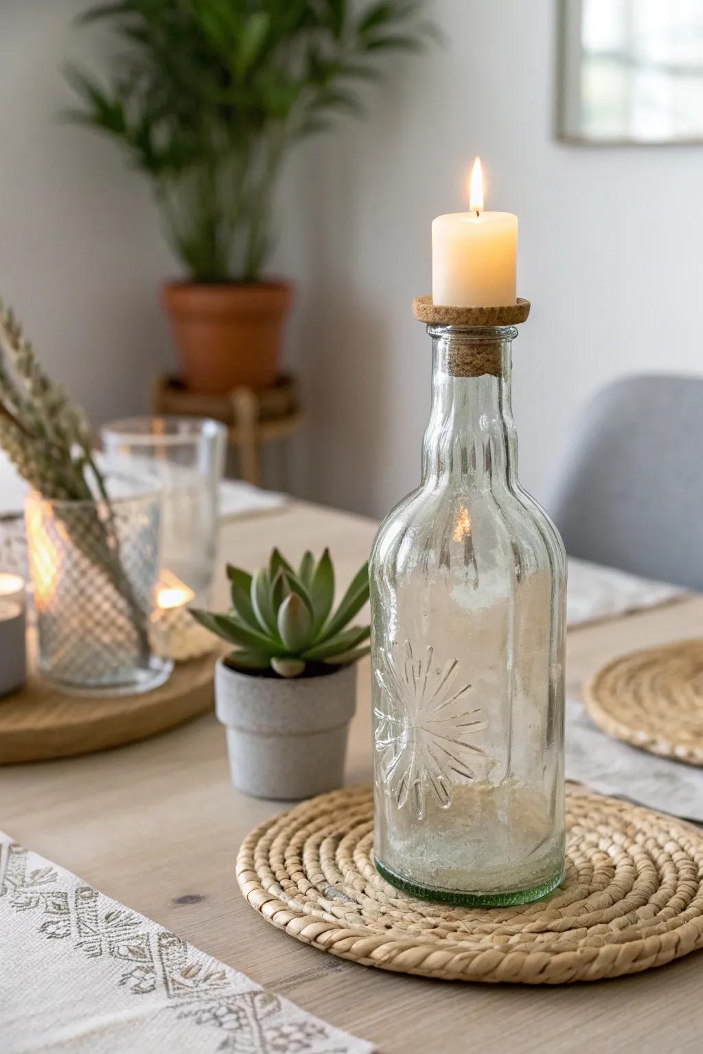 Transform your space with the warm glow of chic candle holders made from mini bottles. Perfect for a cozy, stylish dining experience.