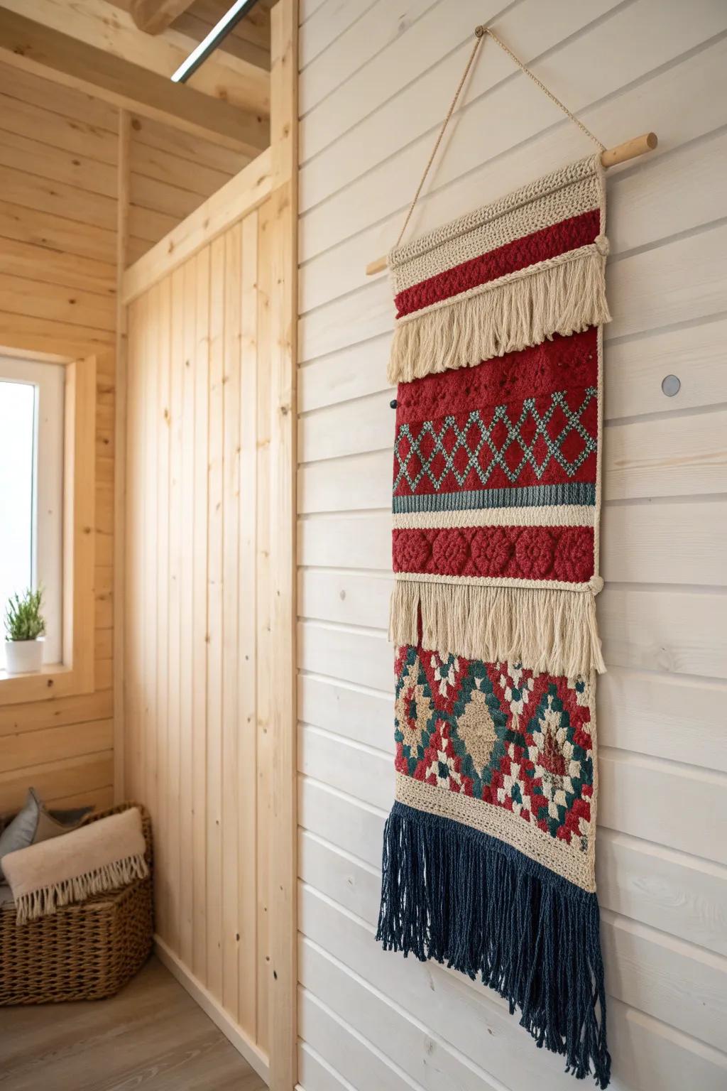 Transform fabric scraps into a masterpiece with Mod Podge: A textile wall hanging that blends Scandinavian minimalism with boho flair.
