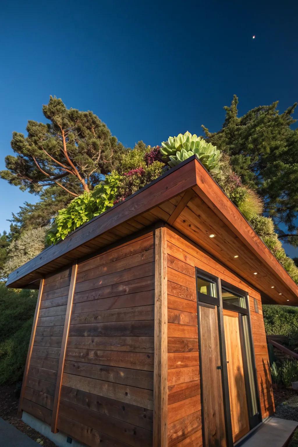 Elevate your outhouse game with a living succulent roof that merges style and sustainability.