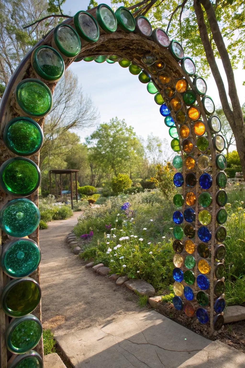 Step into a fairy-tale garden through this enchanting glass bottle archway, where craftsmanship meets natural beauty.