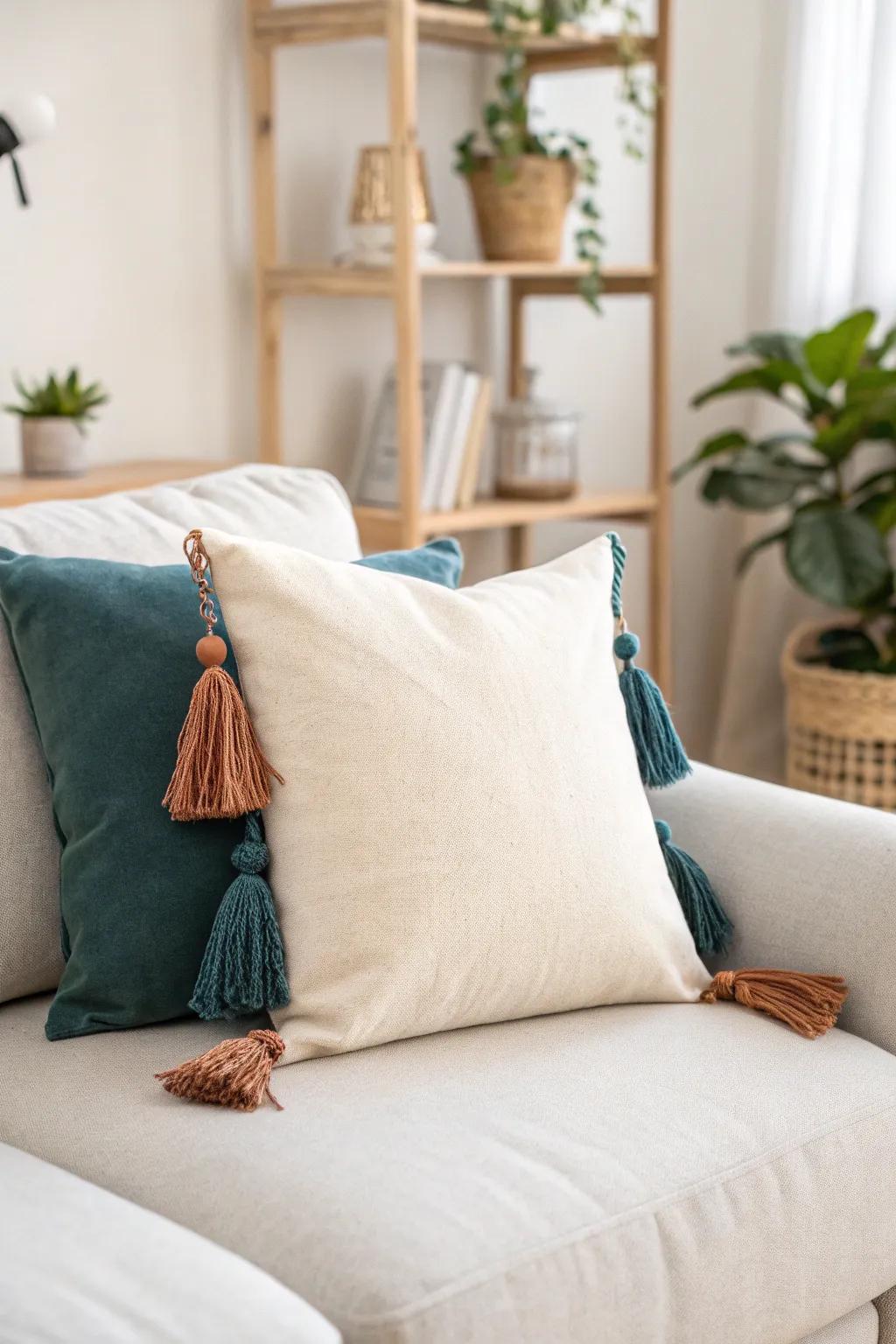 Elevate your cozy nook with elegant tassel-trimmed pillows, where minimalist design meets boho charm.