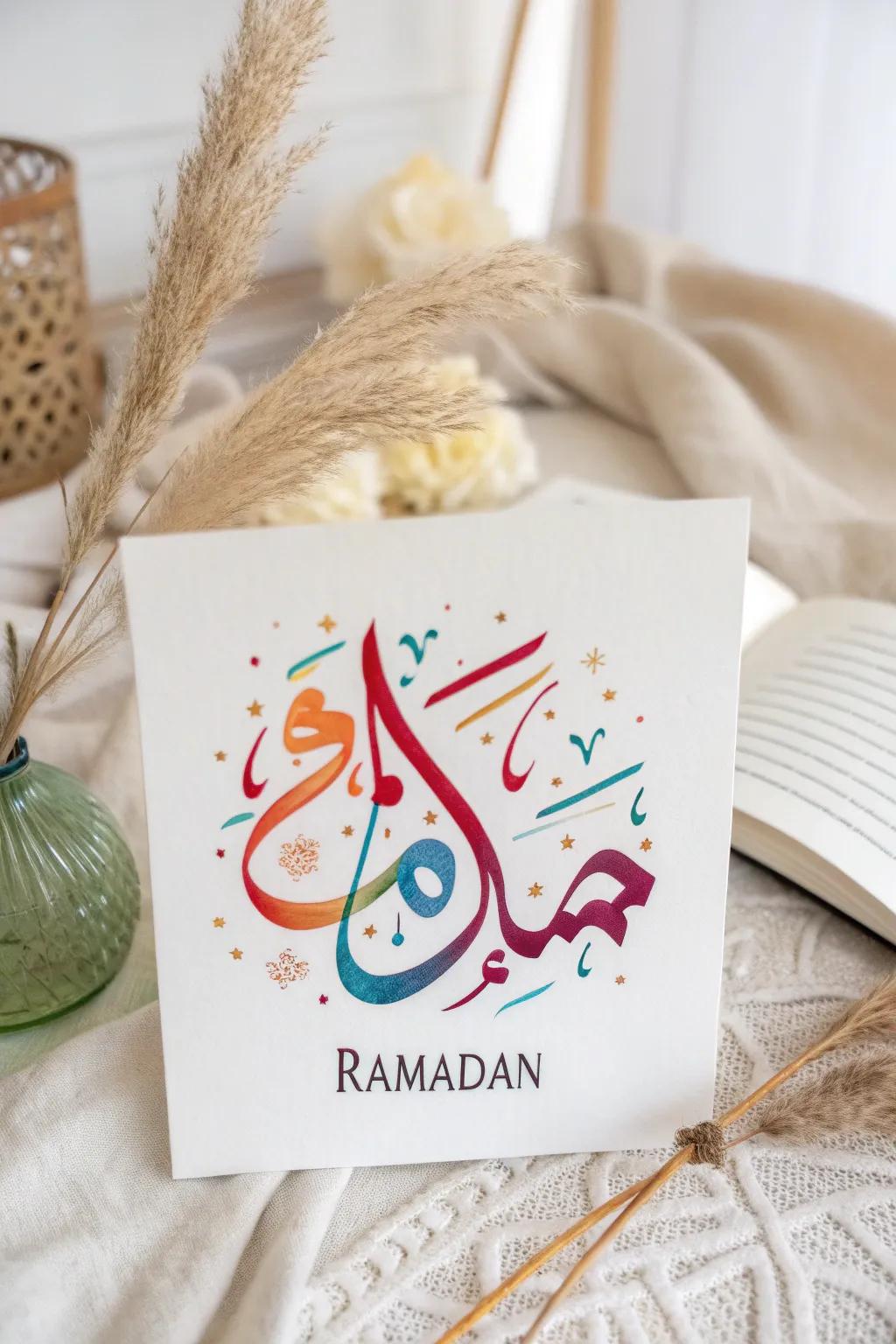 Discover the elegance of Arabic calligraphy with this stunning watercolor Ramadan card design. Perfect for those who appreciate minimalist and Boho aesthetics.