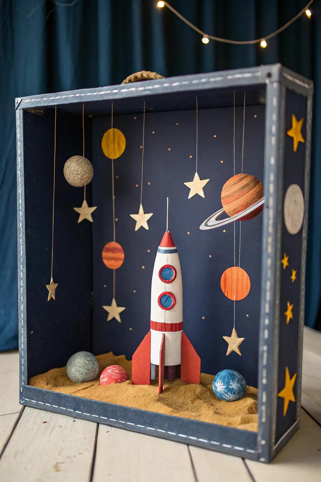Embark on a Space Odyssey: A celestial journey in a shoebox, where tiny rockets and glowing stars spark imagination.