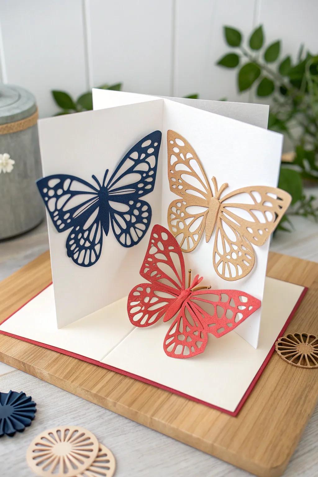 Send a flutter of joy with this stunning butterfly pop-up card, where minimalist elegance meets bold spring colors.