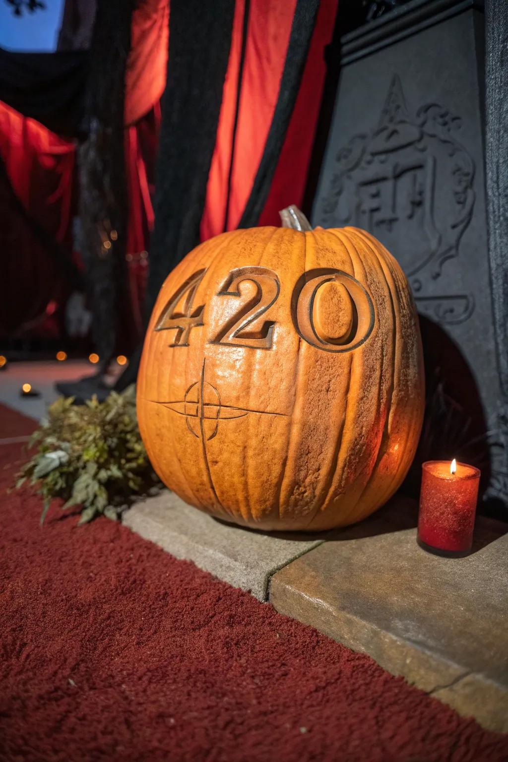 Elevate your Halloween with this intricately carved 420 gravestone pumpkin. A bold statement piece, perfect for those who appreciate artistry and craftsmanship.