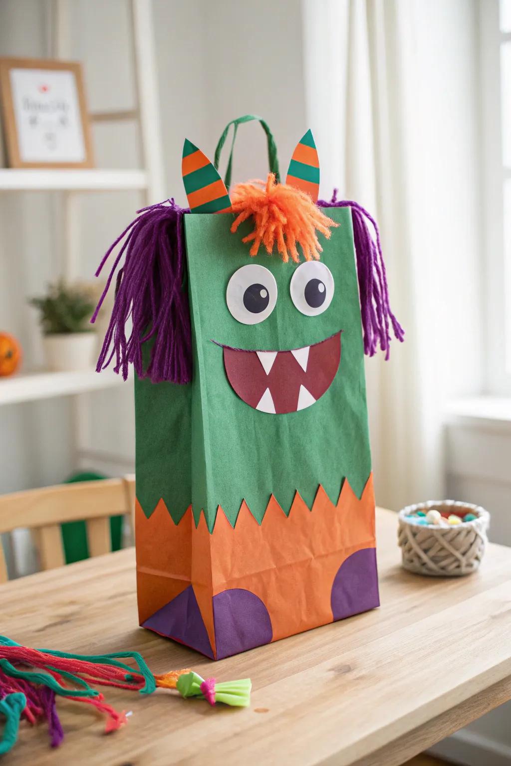 Unleash creativity with this charming monster paper bag puppet, where vibrant colors meet minimalist style!