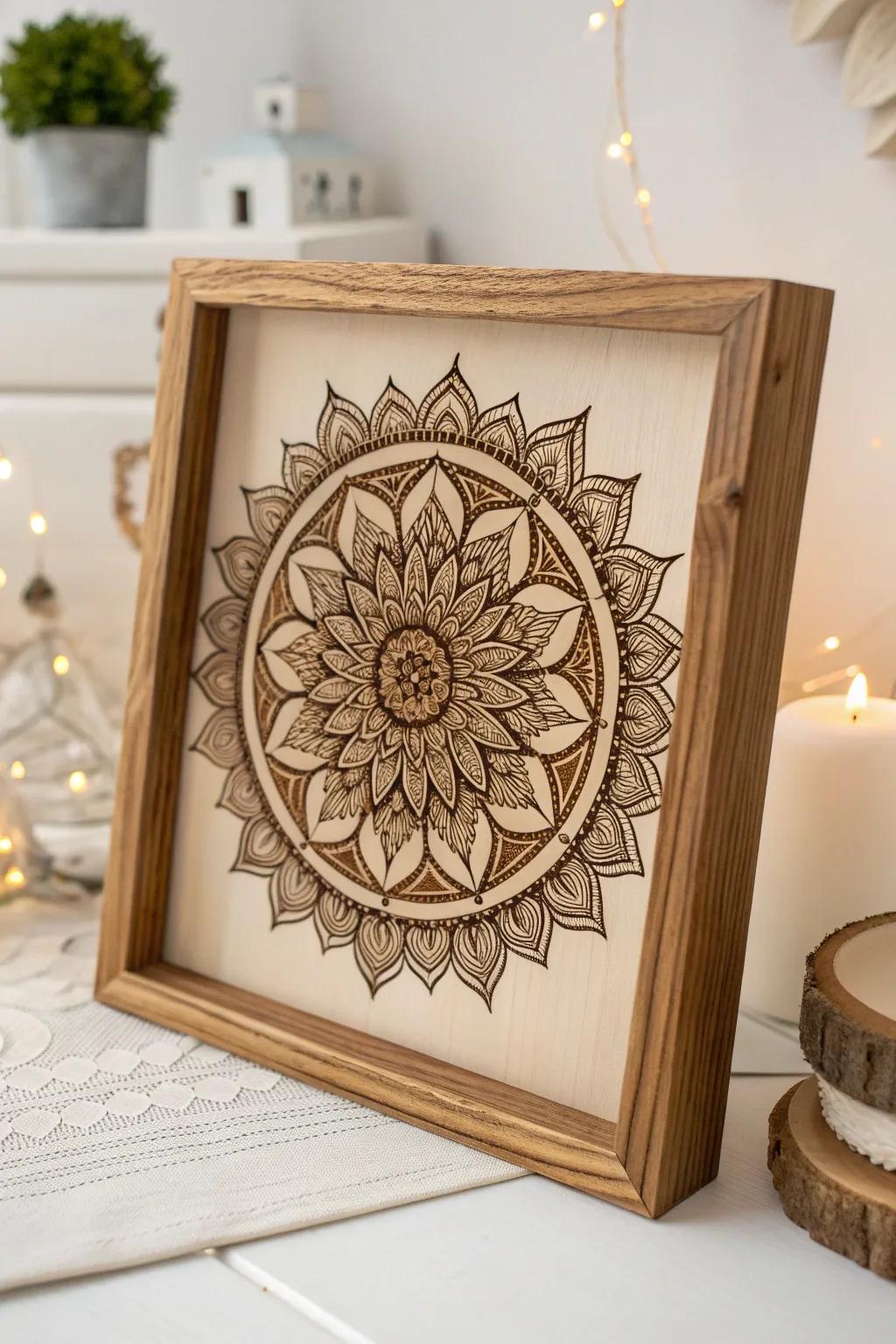 Elevate your space with the timeless beauty of a mandala-burned wooden frame. A masterpiece of craftsmanship and simplicity.