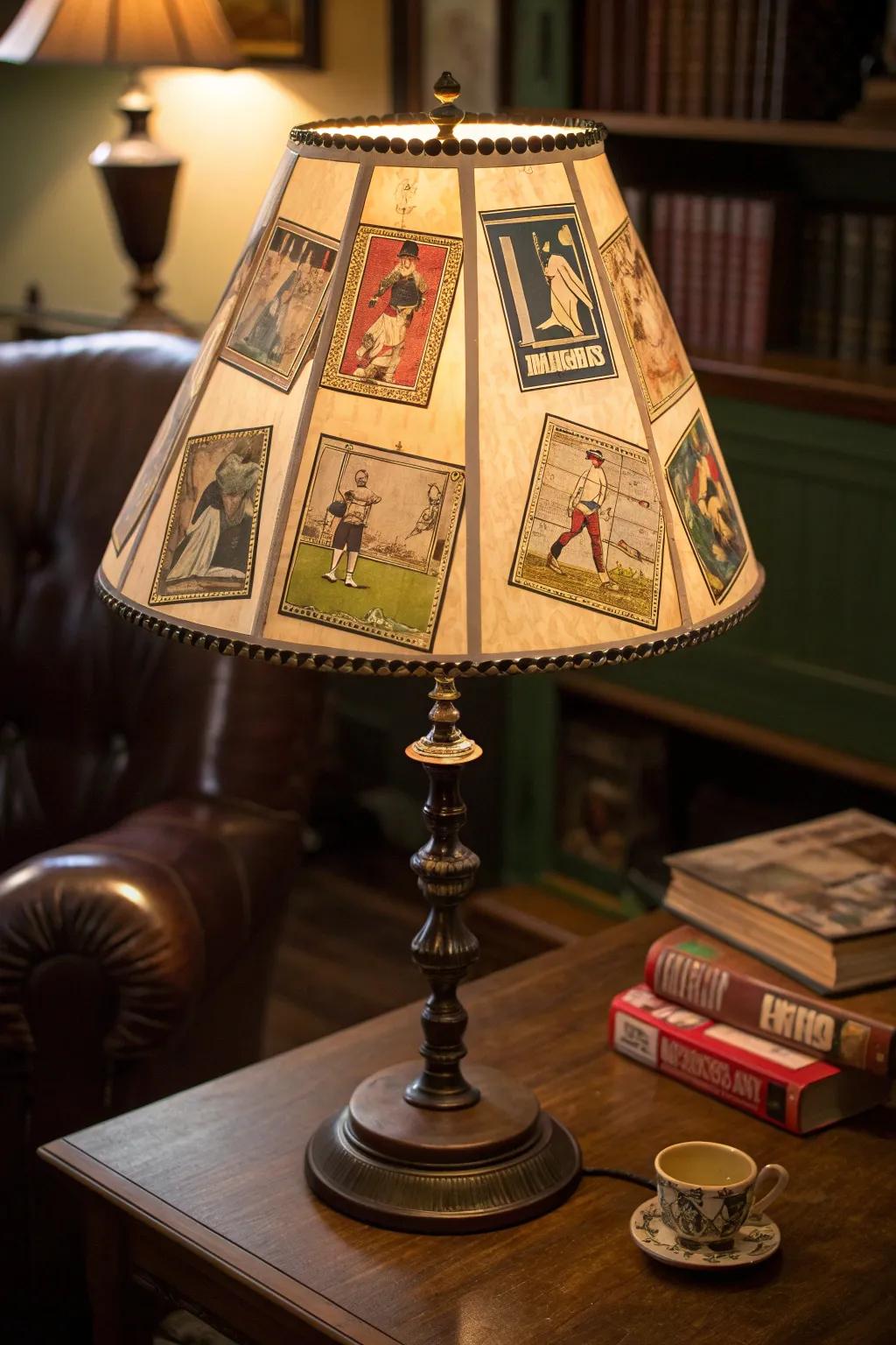 Illuminate your space with nostalgia: Vintage baseball card lampshade casting a warm glow.