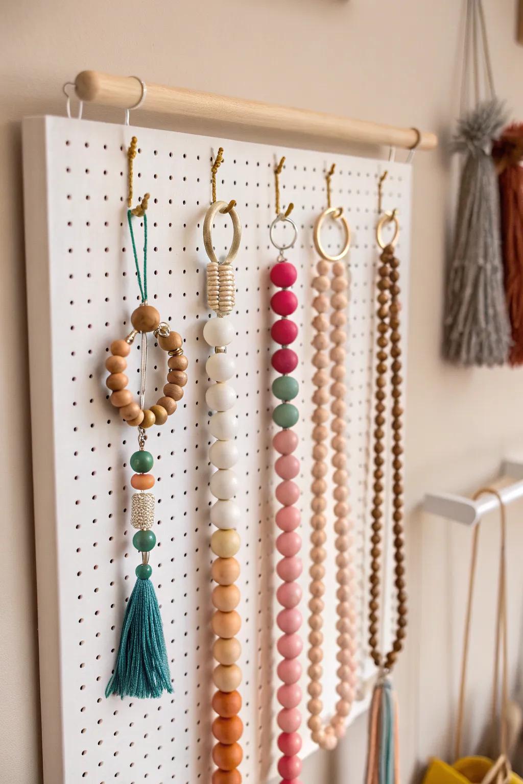 Transform your bead collection into a beautiful display with a minimalist pegboard gallery.