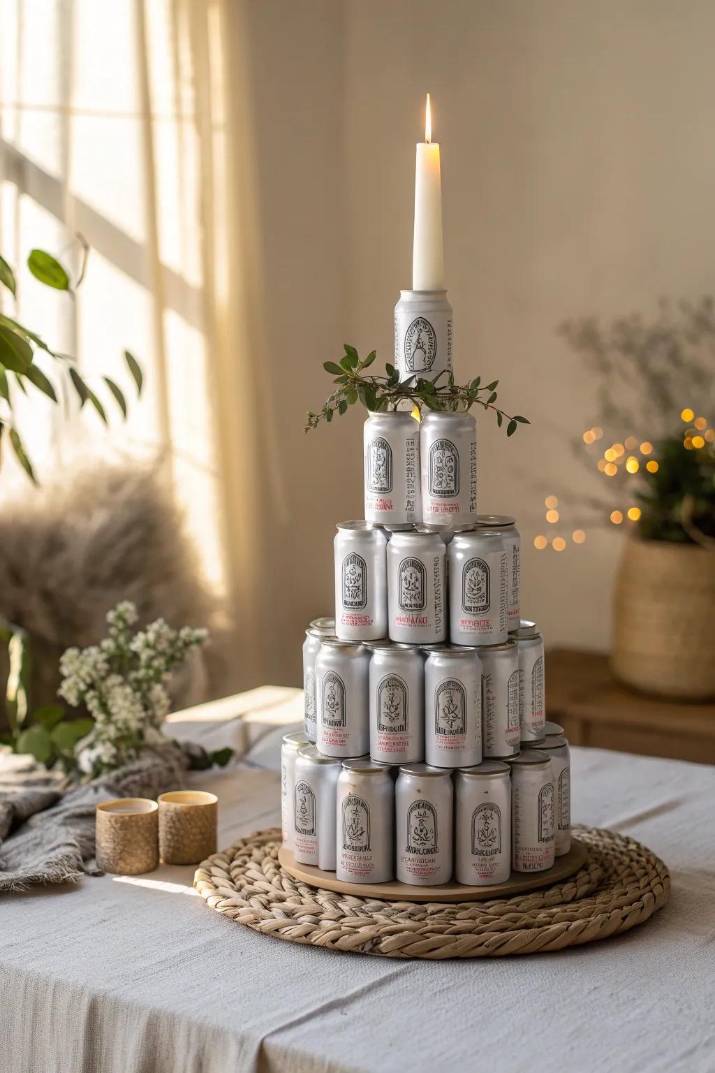 Elevate your celebration with a stunning beer cake tower topped with a glowing candle - the perfect fusion of simplicity and style.