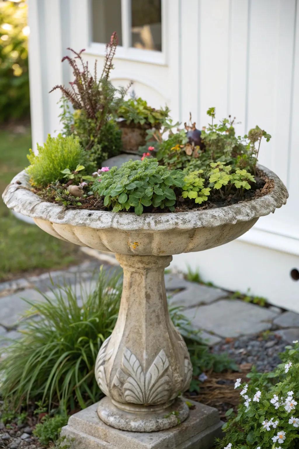 Transform your garden with vintage charm: a beautifully aged bird bath turned into a lush planter, perfect for nature-loving minimalists.