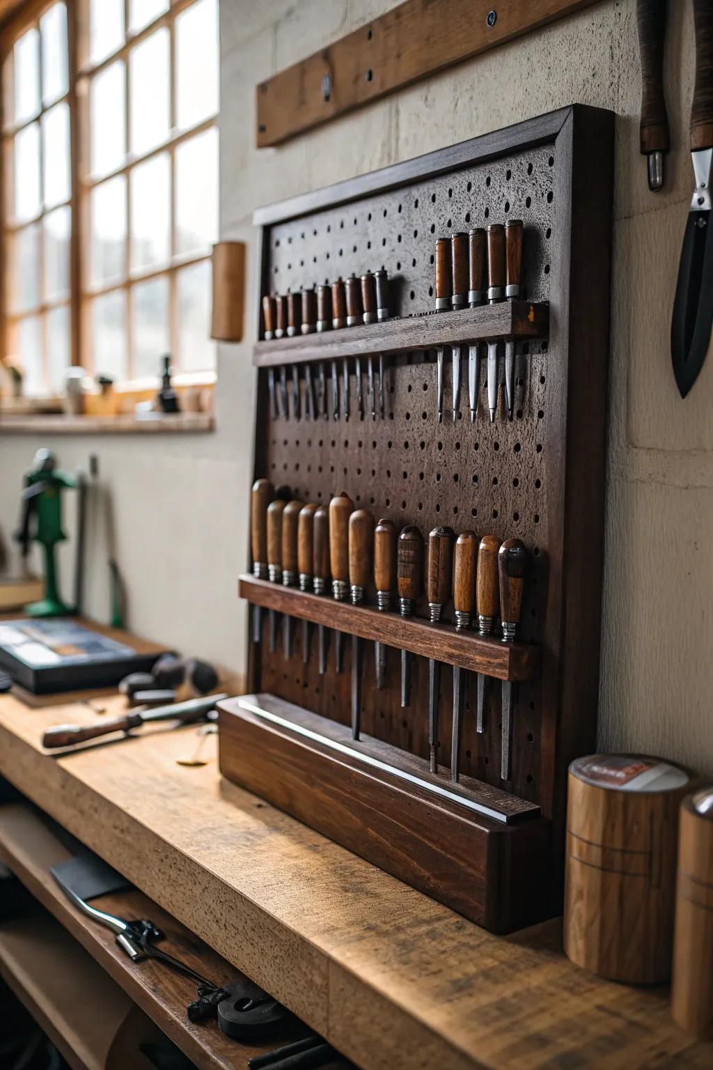 Master the art of tool organization with a versatile pegboard setup.