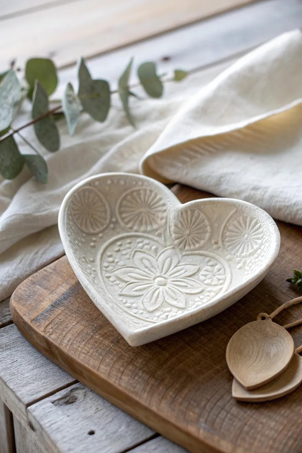 Embrace the beauty of simplicity with this handcrafted heart-shaped trinket dish, perfect for your most cherished keepsakes.