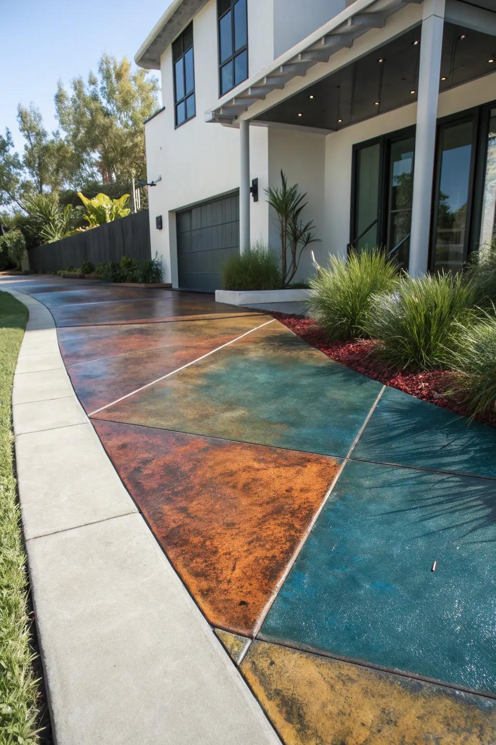 Transform your front walkway with bold concrete stains that add a splash of color and elegance to your home's entrance.
