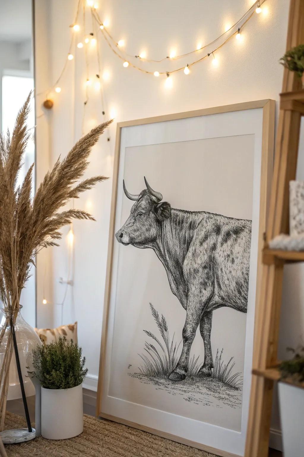 Embrace the beauty of simplicity with this stunning black and white cow sketch, a perfect blend of Scandinavian minimalism and boho elegance.