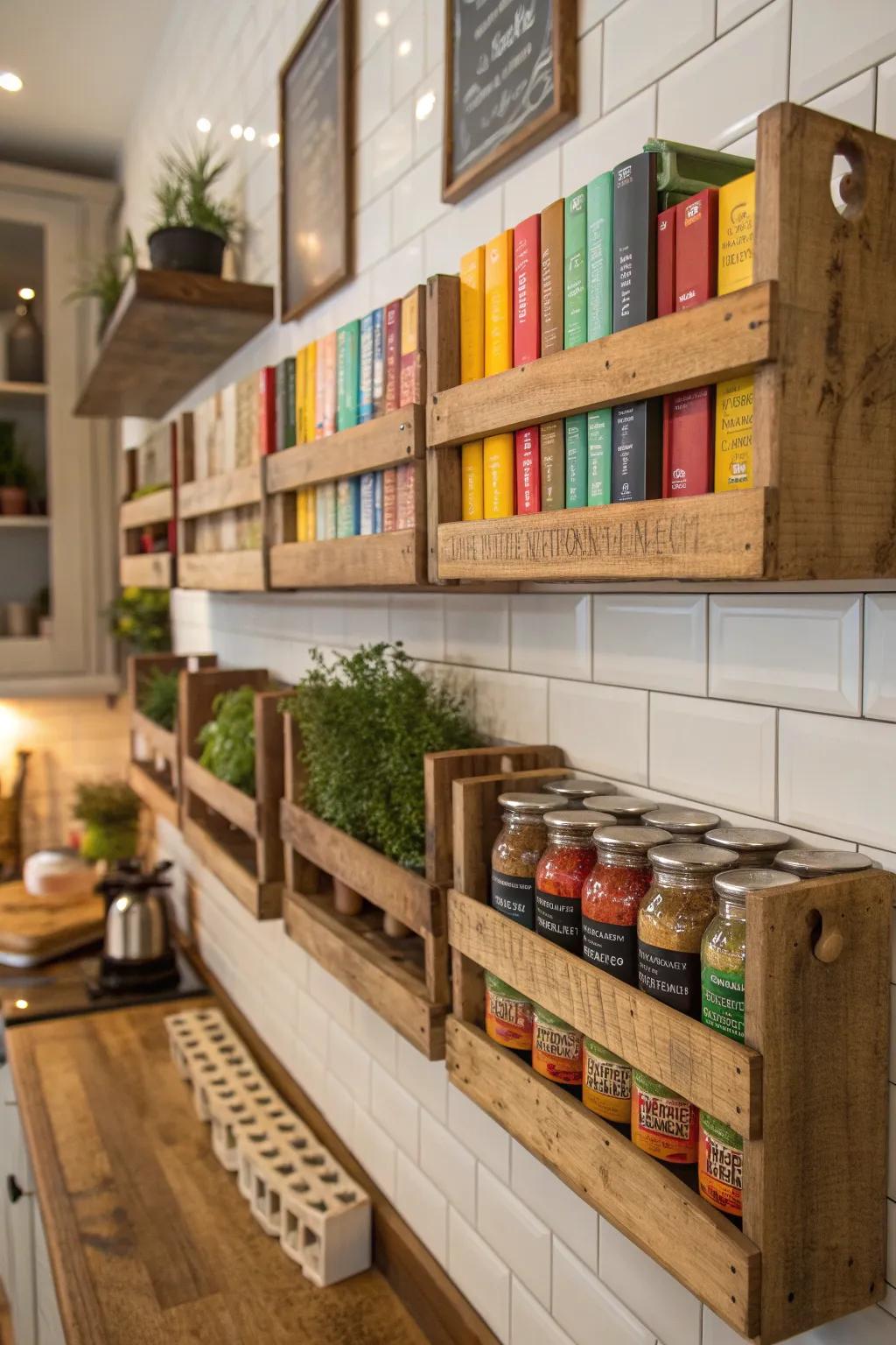 Elevate your kitchen with rustic crate shelves for a touch of charm and practicality.