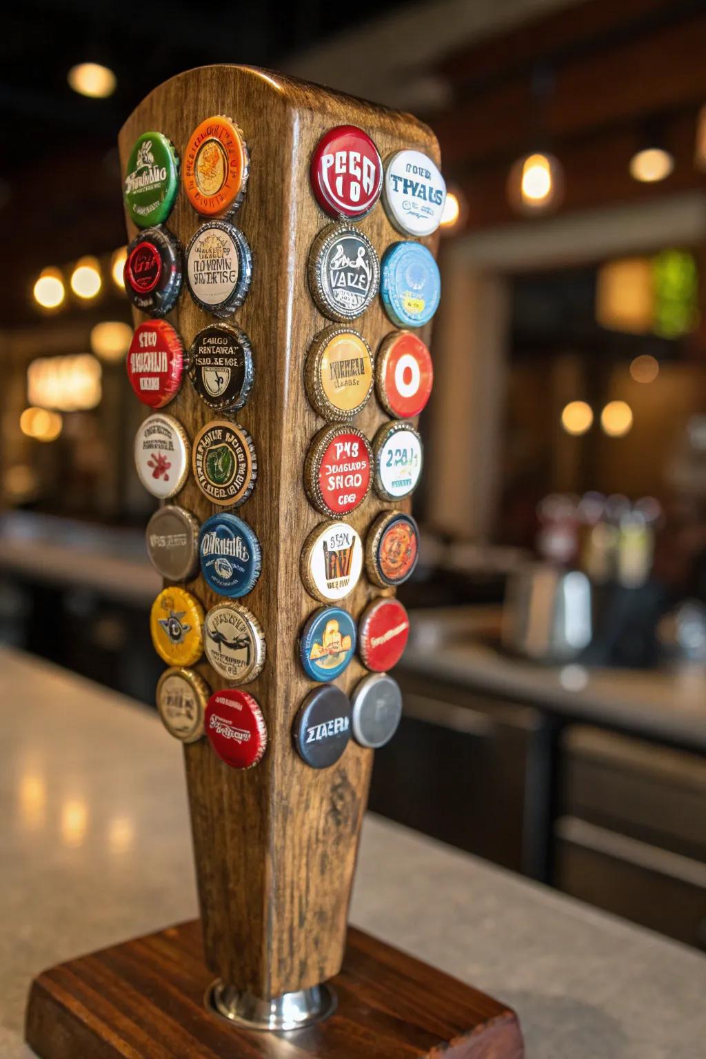 Elevate your home bar with a personalized touch: a bottle cap mosaic beer tap handle that tells your unique brew story.