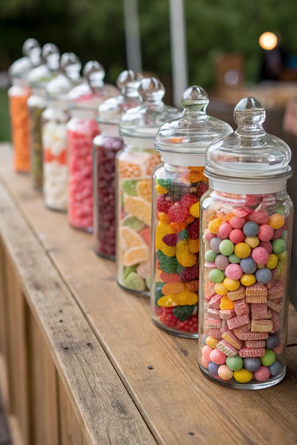 Transform your space into a candy wonderland with this vibrant jar display. Perfect for a sweet, nostalgic touch!