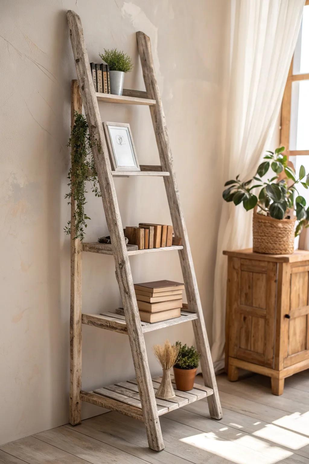Transform and charm: Turn a vintage ladder into a stunning minimalist bookshelf.