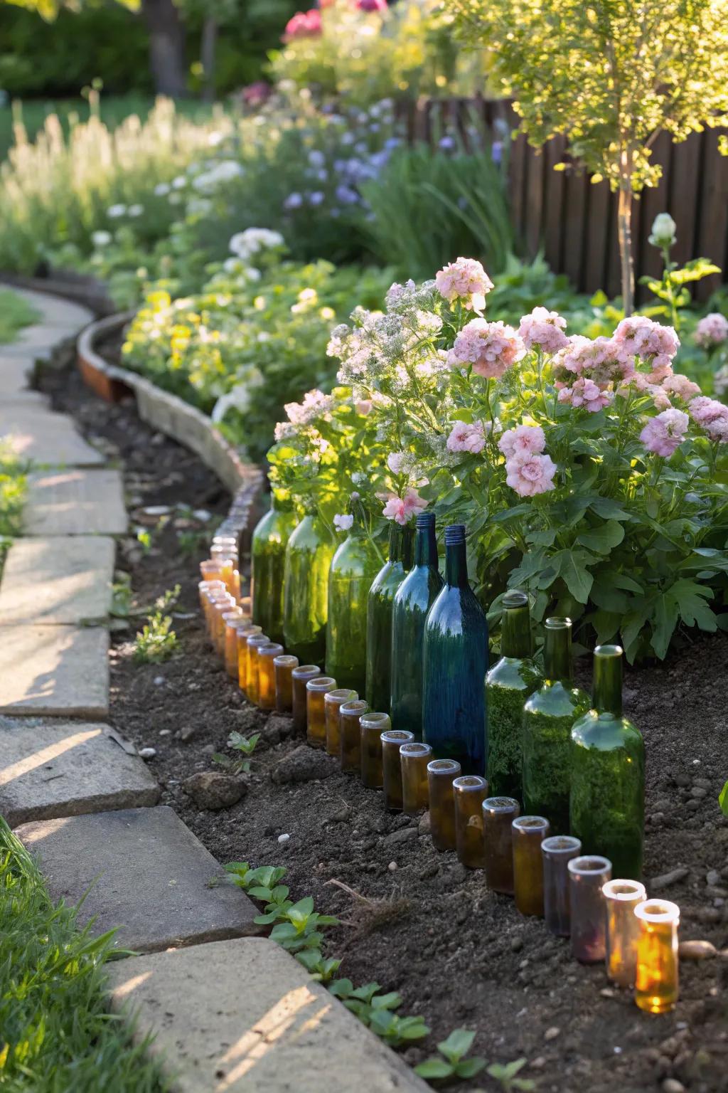 Transform your garden with stunning glass bottle borders for an eco-friendly, artistic touch.