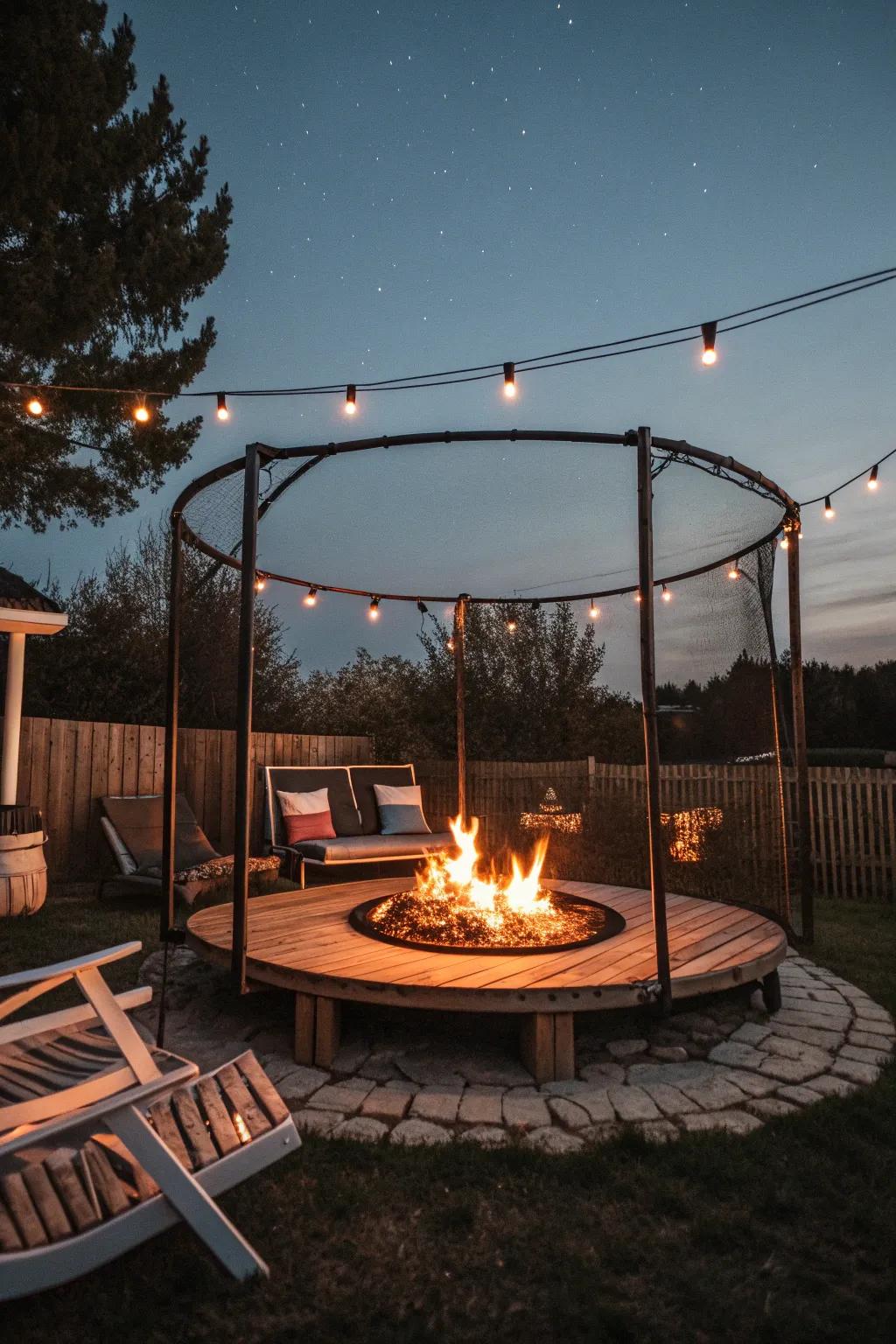 Transform your trampoline frame into a cozy fire pit haven for unforgettable gatherings.