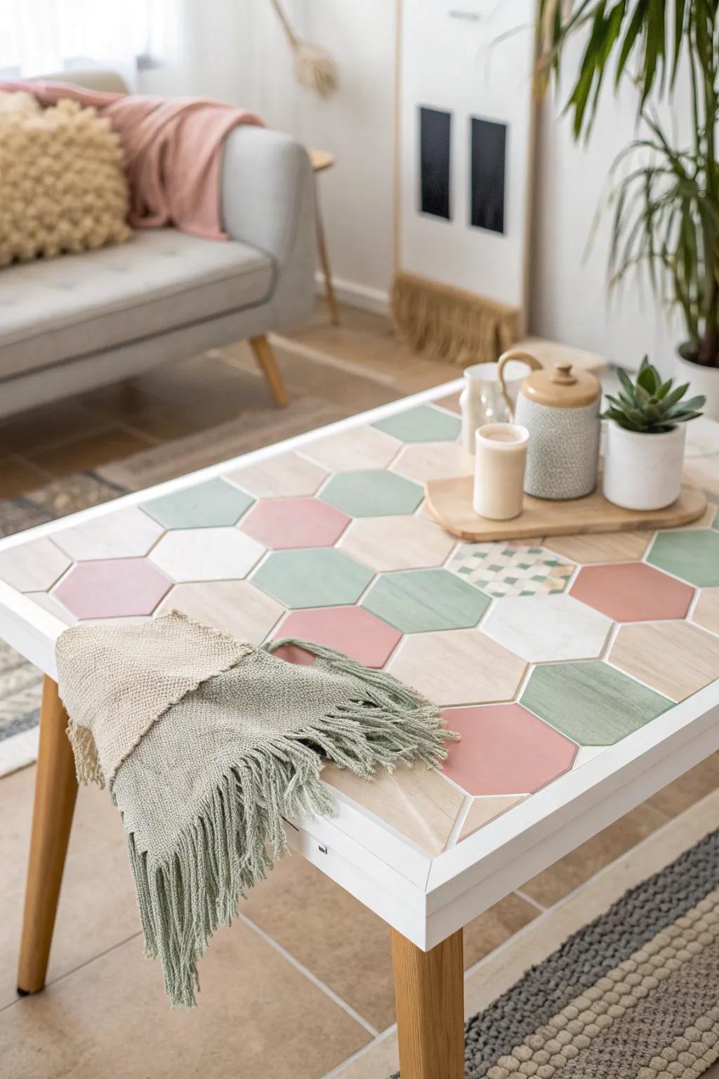 Transform your coffee table into a geometric masterpiece with hexagonal tiles for a chic Scandinavian-Boho vibe.