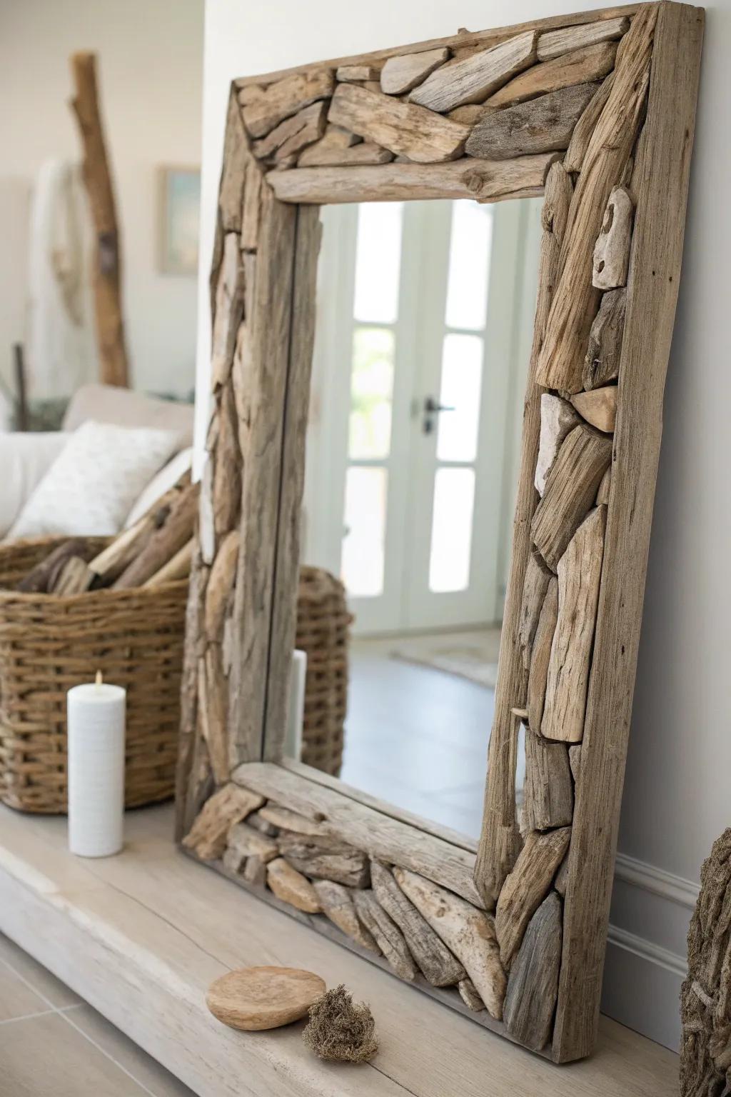 Embrace boho elegance with a handcrafted driftwood mirror frame, where nature meets artistry.