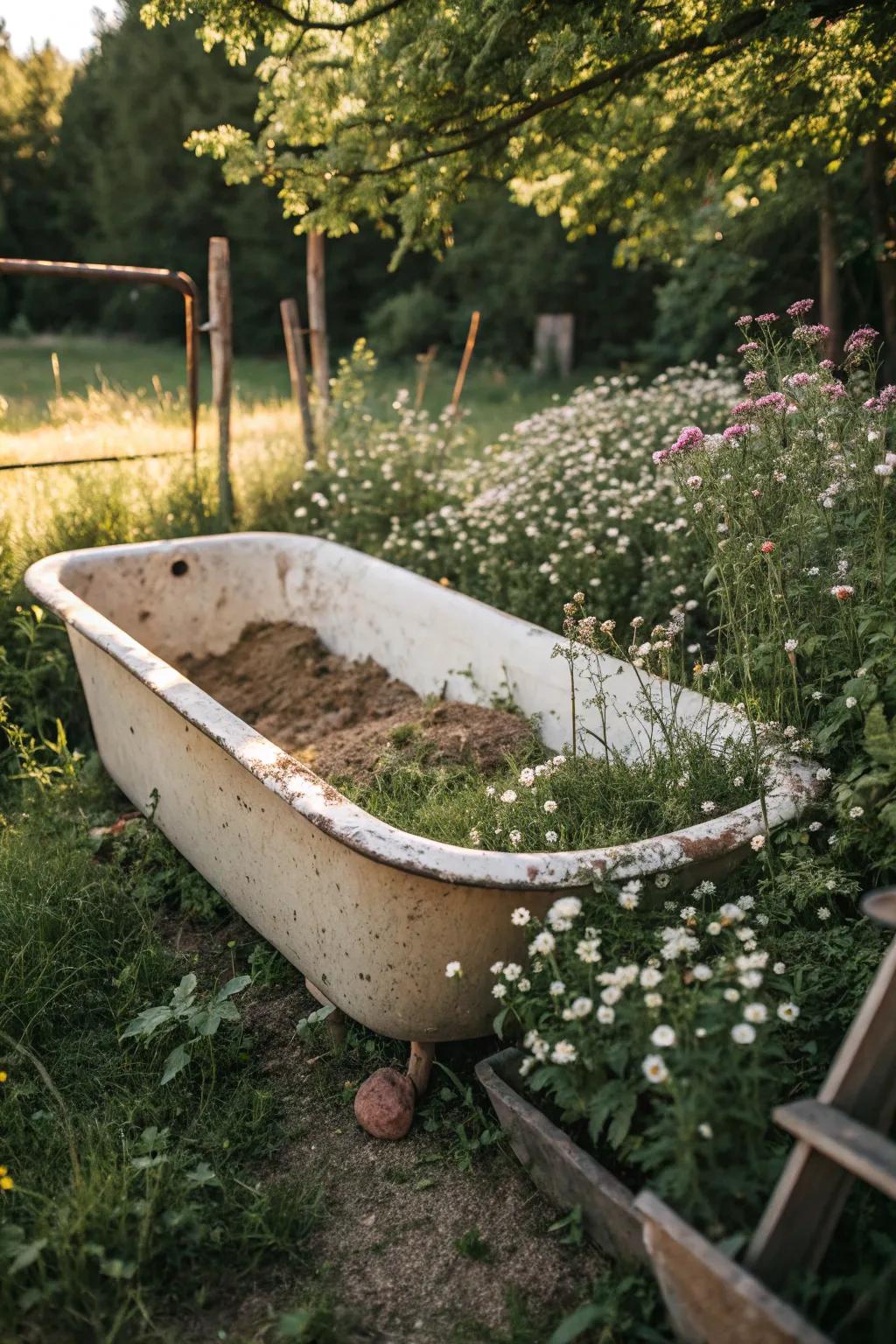 Transform an old bathtub into a charming garden dig box, blending vintage allure with natural beauty.