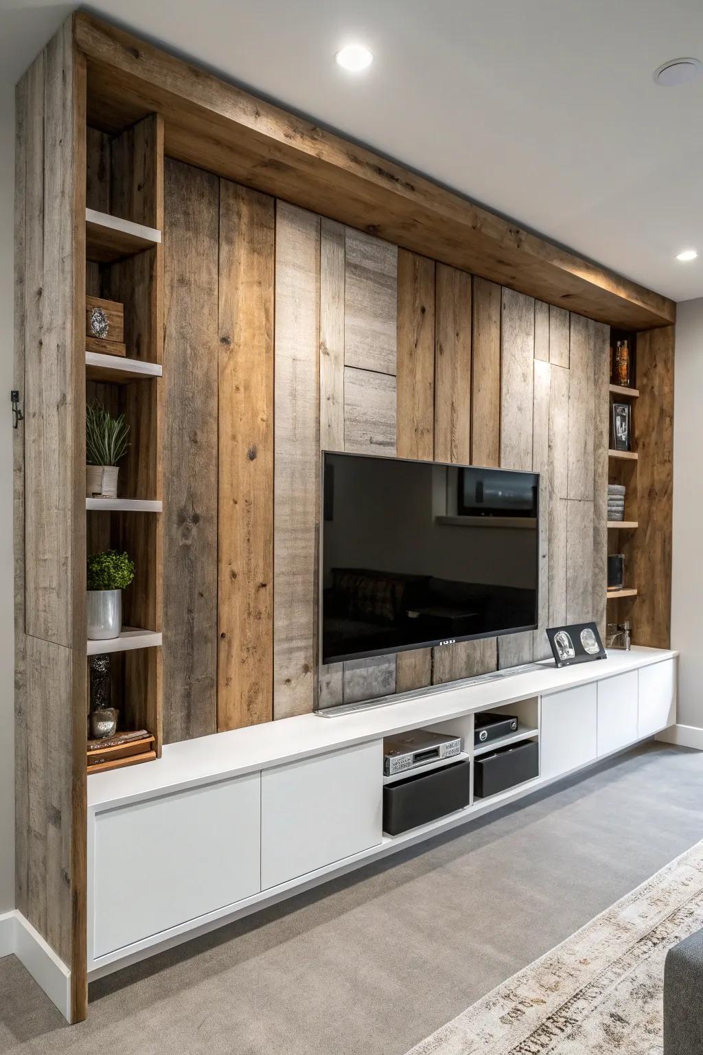 Elevate your space with a stunning blend of rustic and modern textures. #HomeDesign #EntertainmentCenter