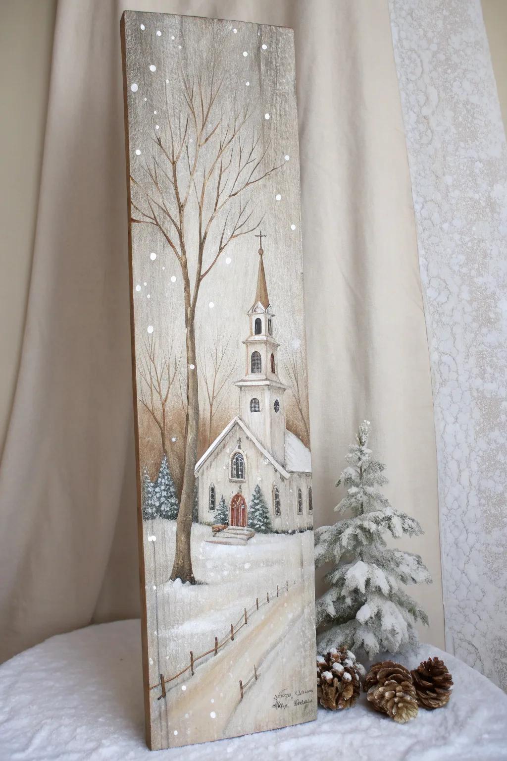 Transform your space into a Winter Wonderland with this charming snowy chapel painting on wood.