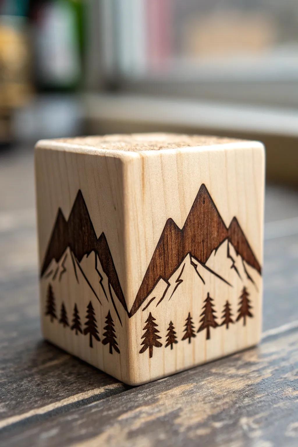 Elevate your desk decor with this simple yet captivating mountain silhouette art in wood burning.