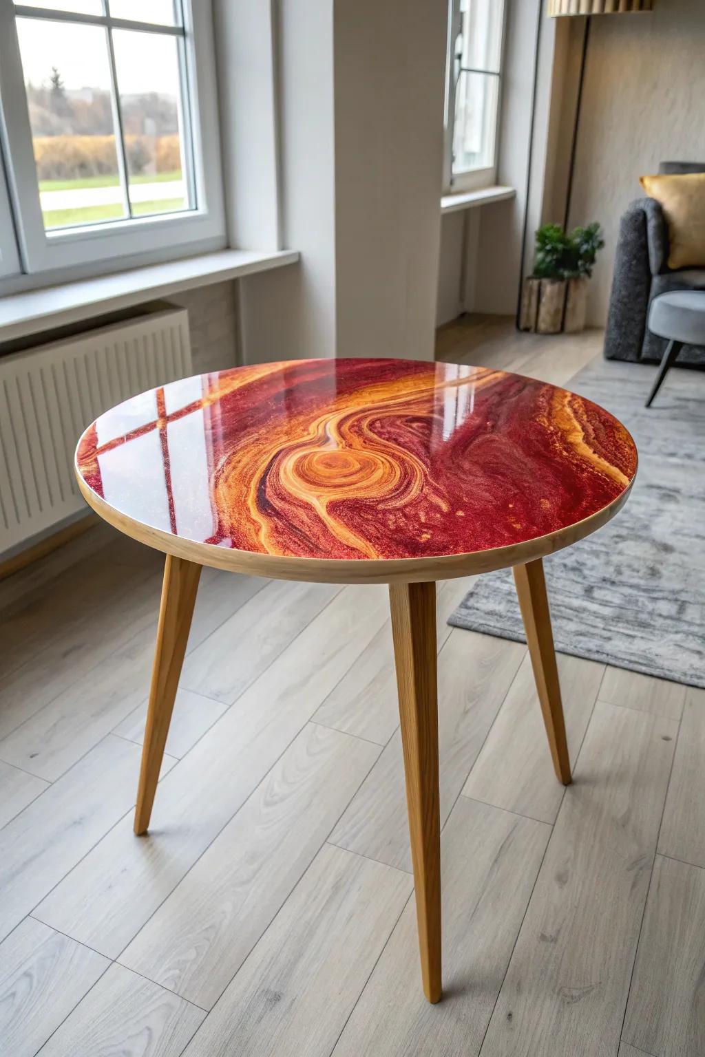 Add a splash of vibrant elegance with this stunning red and orange epoxy table centerpiece.