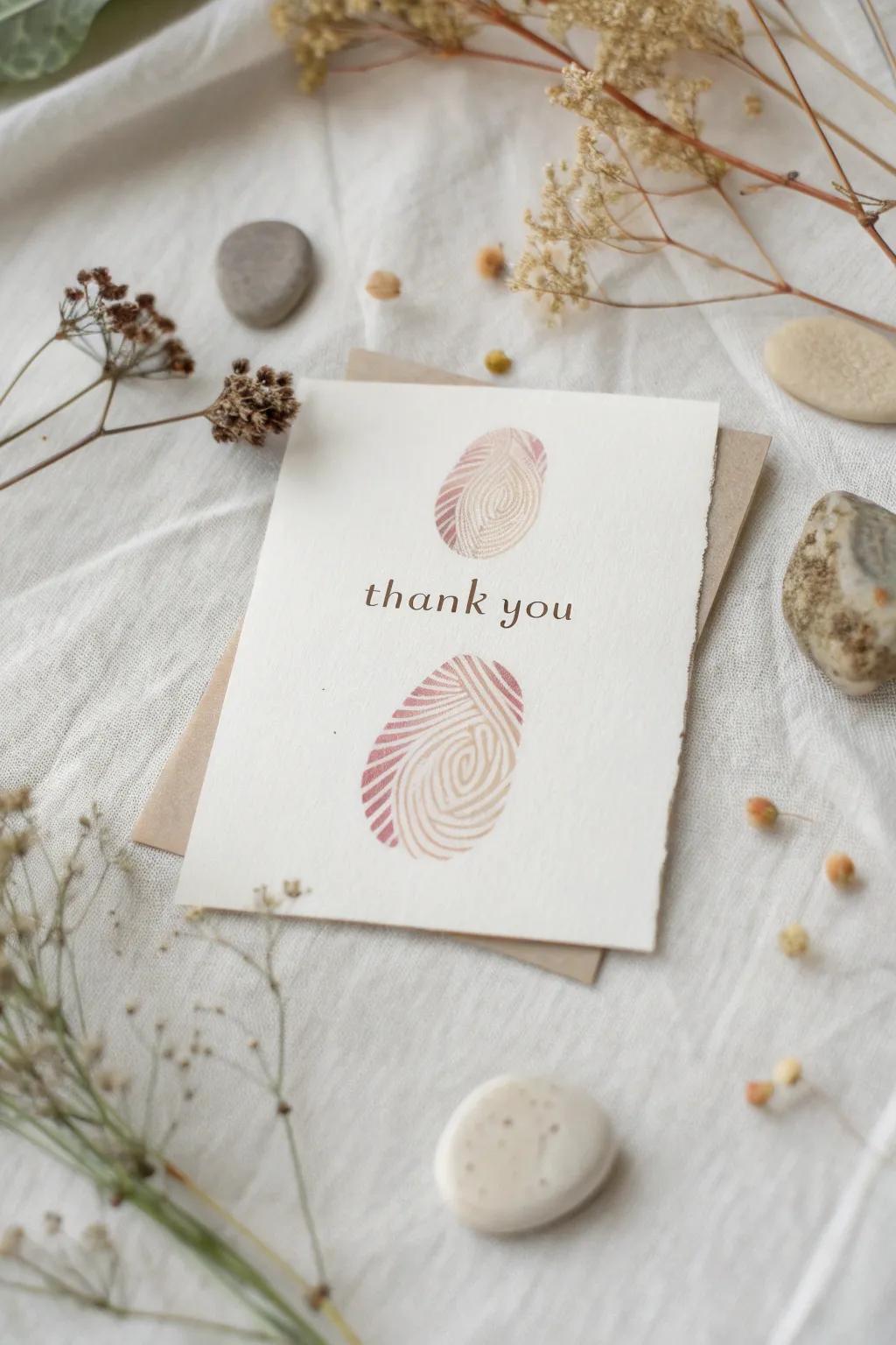 Add a personal touch to your thank you cards with minimalist fingerprint art and heartfelt quotes. Perfect for those who appreciate simplicity and natural beauty.