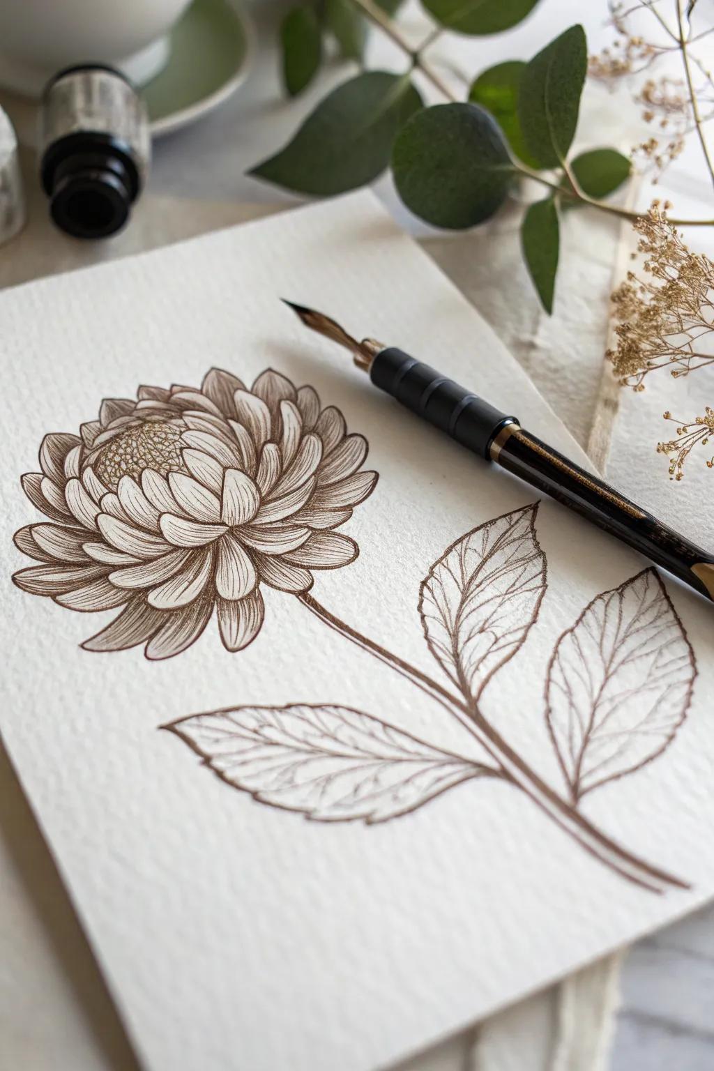Discover the art of simplicity with this elegant pen and ink floral masterpiece.